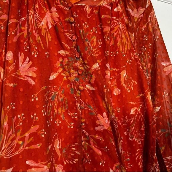 Aura Floral Blouse Autumn Red Orange Pleated Size Medium - Picture 4 of 7